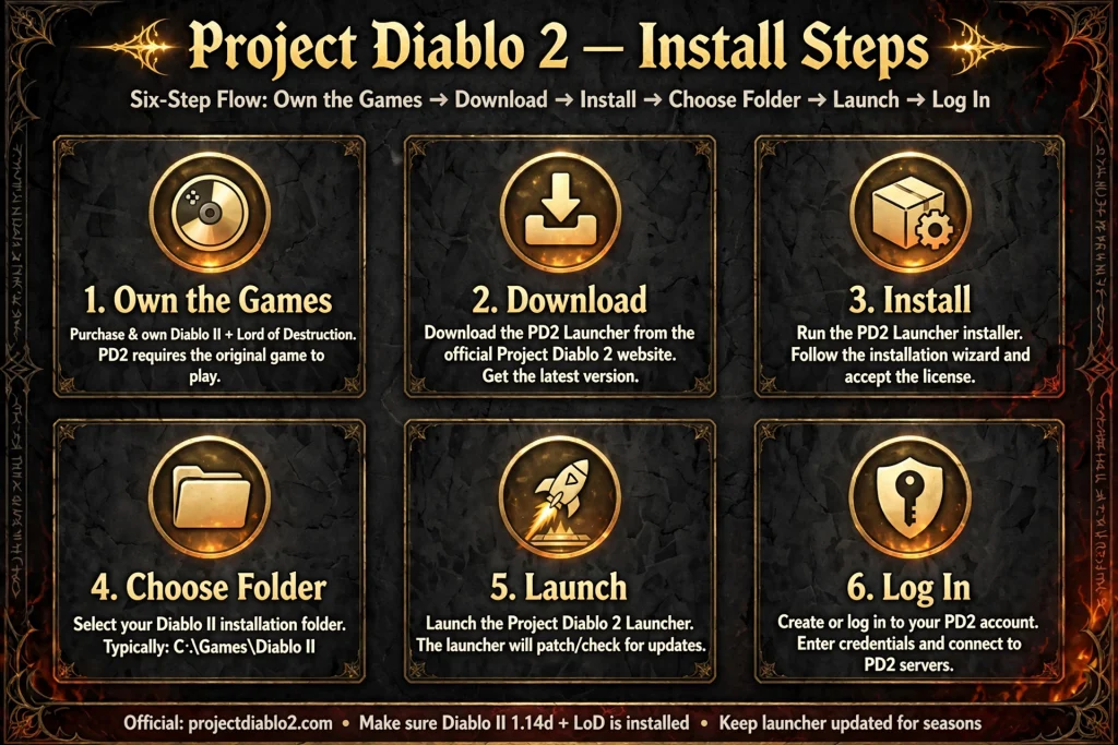 Six-step graphic showing how to install Project Diablo 2 from the official page