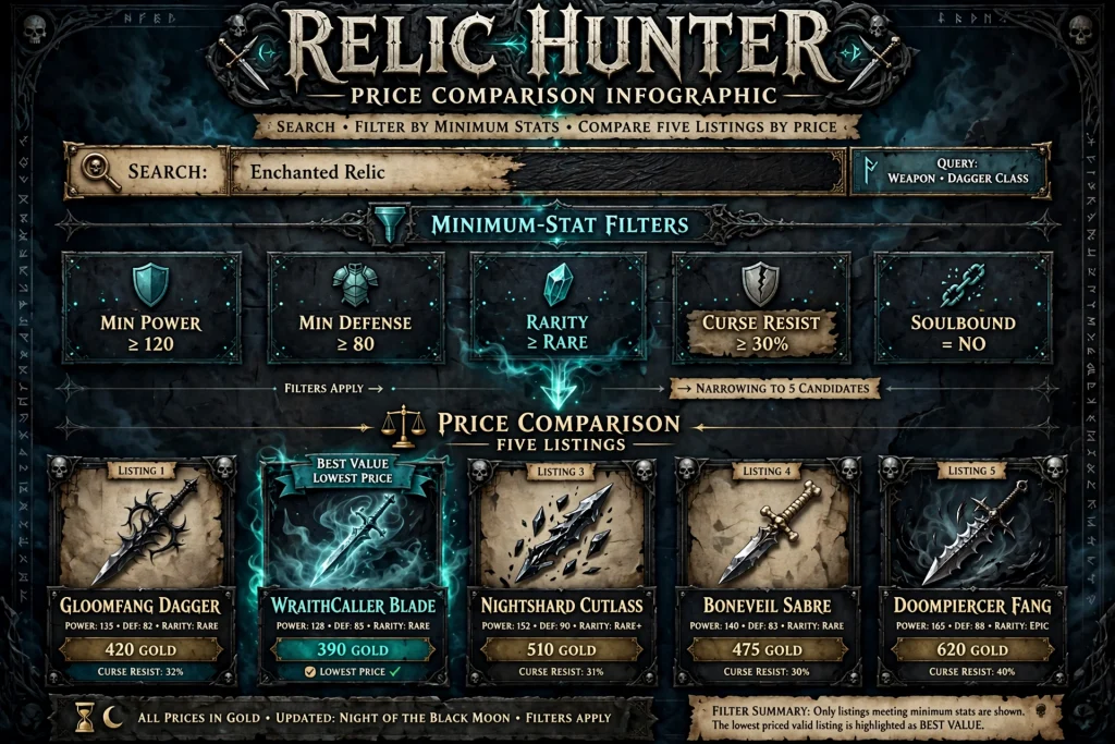 Diagram of stat filters feeding a price comparison