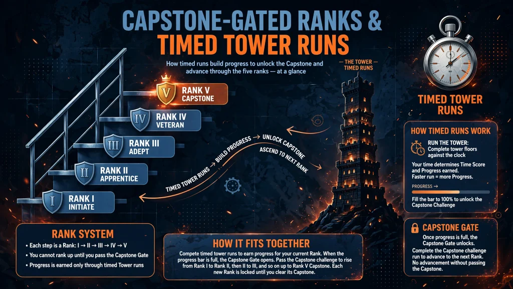 Illustration of ranked steps and a timed tower representing Season Rank in Diablo 4 Season 11