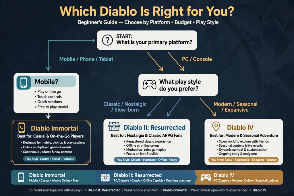 Flowchart helping beginners choose between Diablo IV, Diablo II: Resurrected, and Diablo Immortal