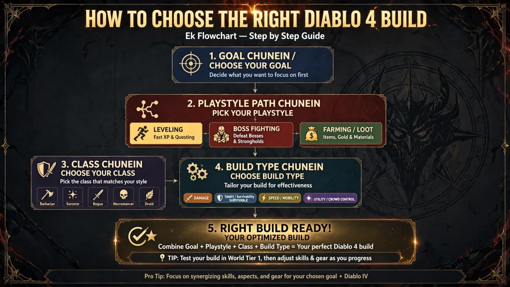 Flowchart showing how to pick a Diablo 4 build by goal, class and activity
