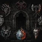 Original illustration of eight emblems around a dark doorway representing all Diablo 4 classes