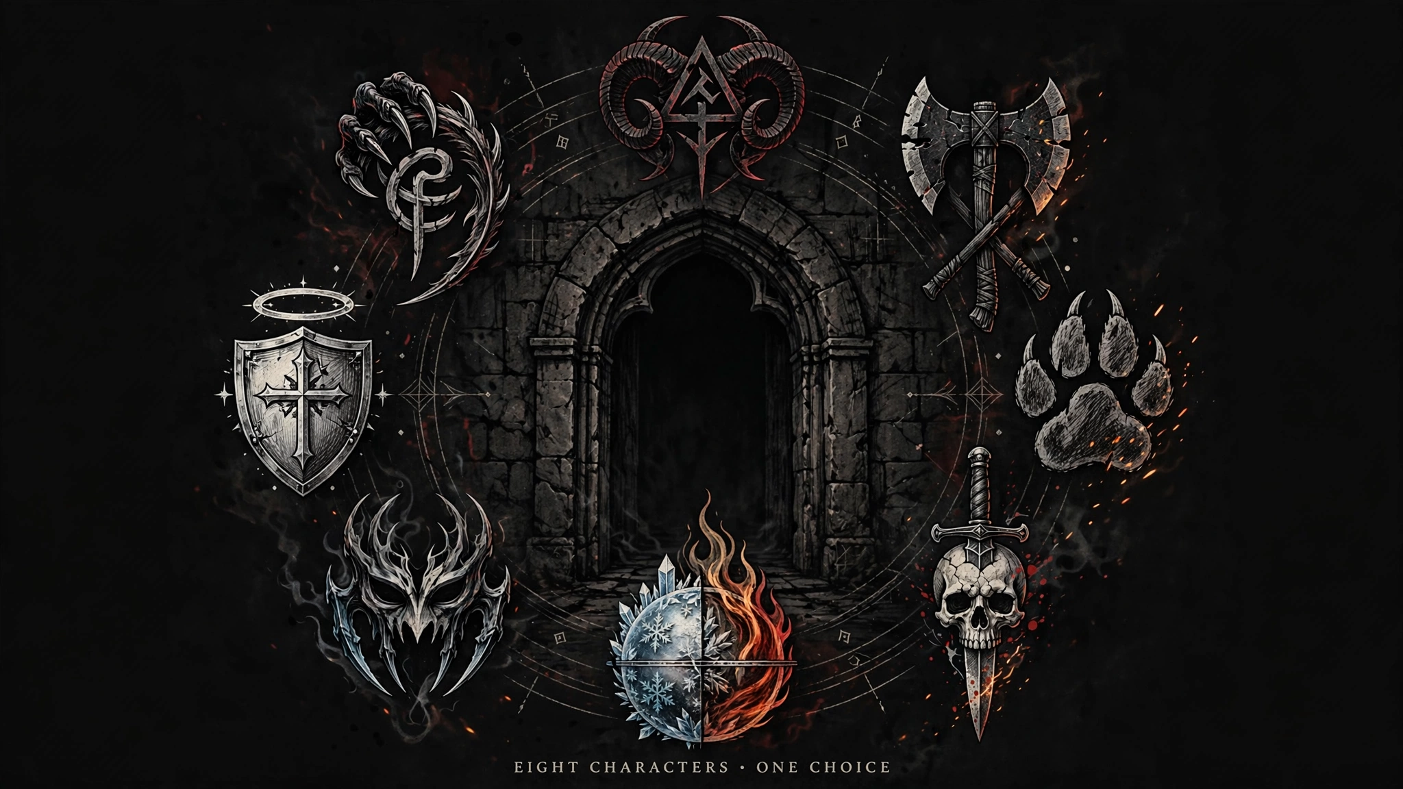 Original illustration of eight emblems around a dark doorway representing all Diablo 4 classes
