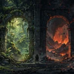 Illustration of two glowing stone doorways representing the Diablo 4 expansions, with a lone hero between them