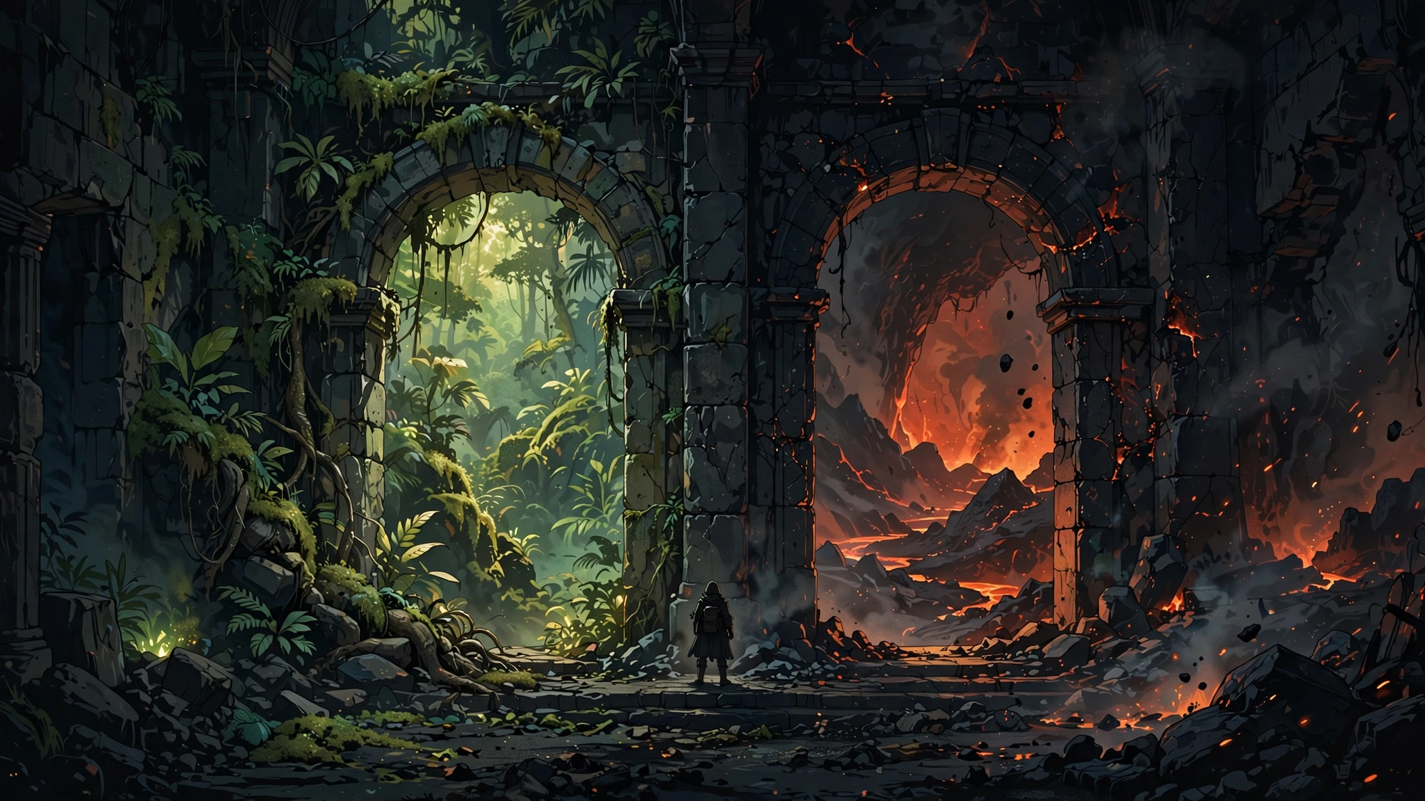 Illustration of two glowing stone doorways representing the Diablo 4 expansions, with a lone hero between them