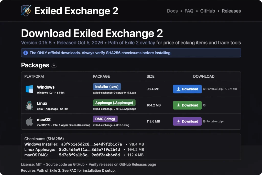 Official Exiled Exchange 2 download page listing Windows installer and portable packages
