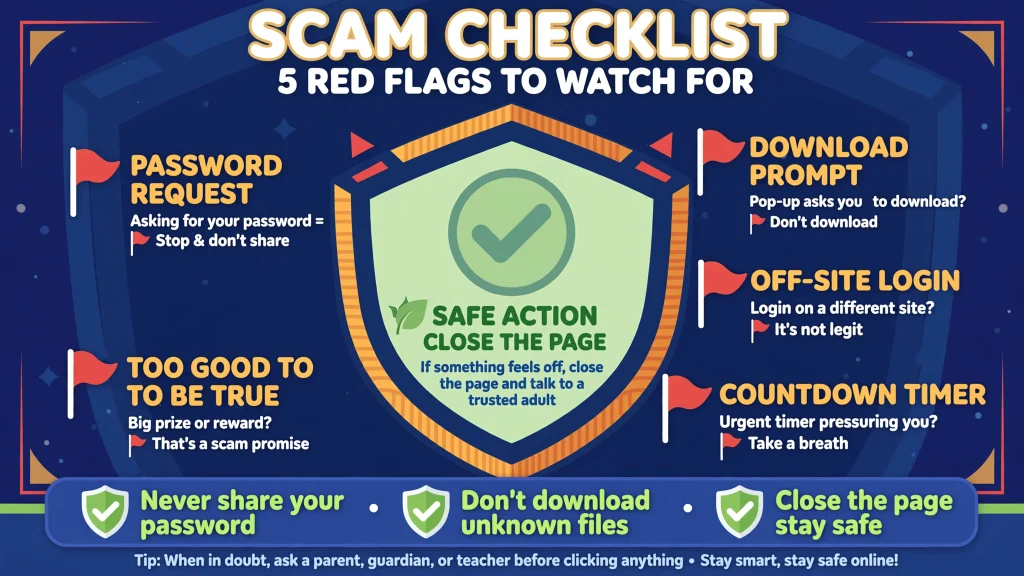 Shield checklist of warning signs that shows How to Get Free Robux safely without scams
