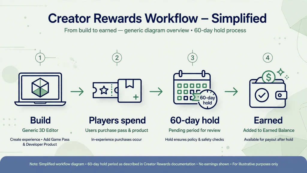 Diagram of a creator workflow from building to earning, showing How to Get Free Robux through monetization