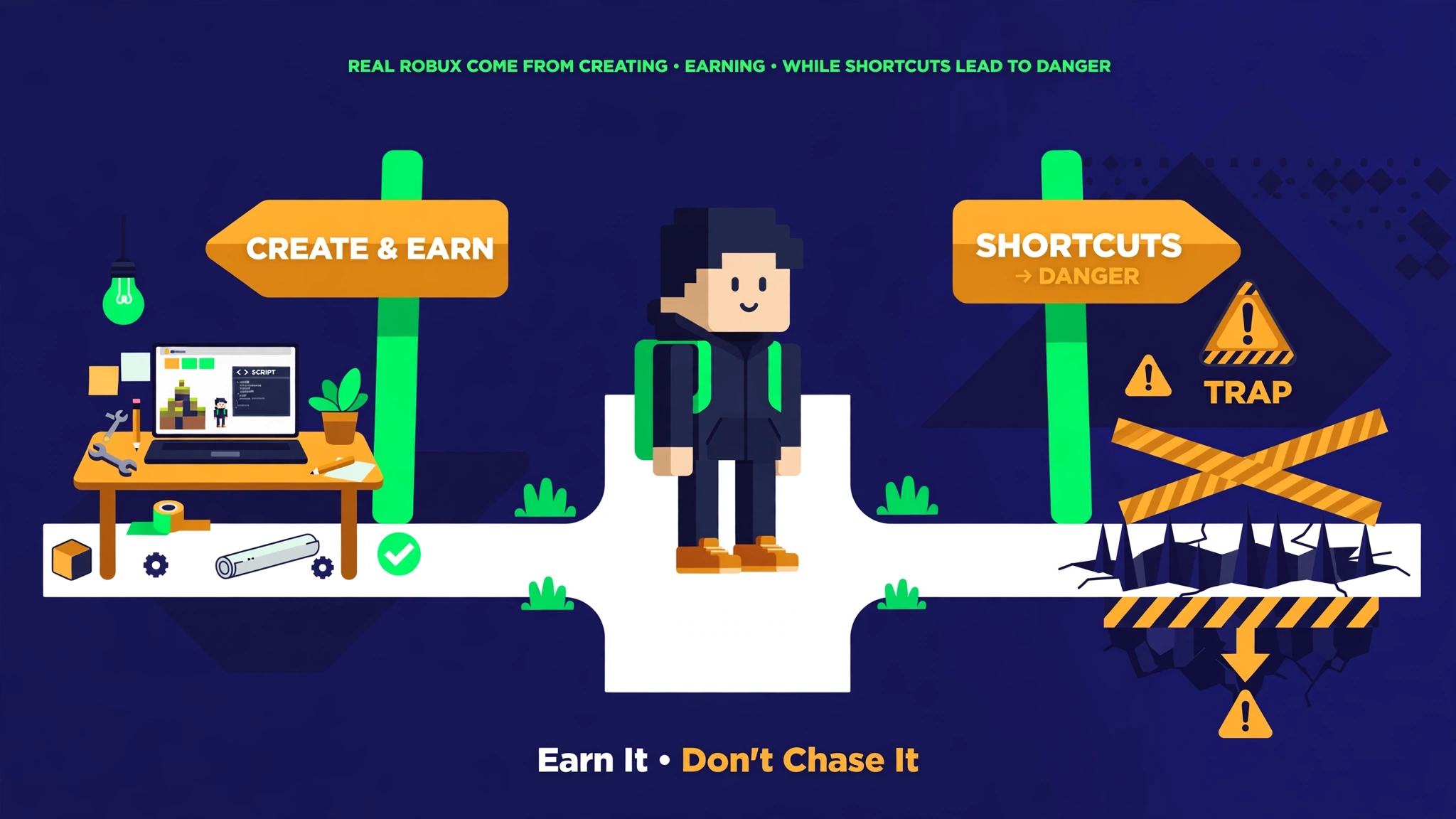 Illustration of a player choosing between creating a game and a scam trap, a visual guide to How to Get Free Robux?