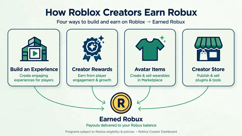 Infographic showing four legitimate earning routes that explain How to Get Free Robux as a creator
