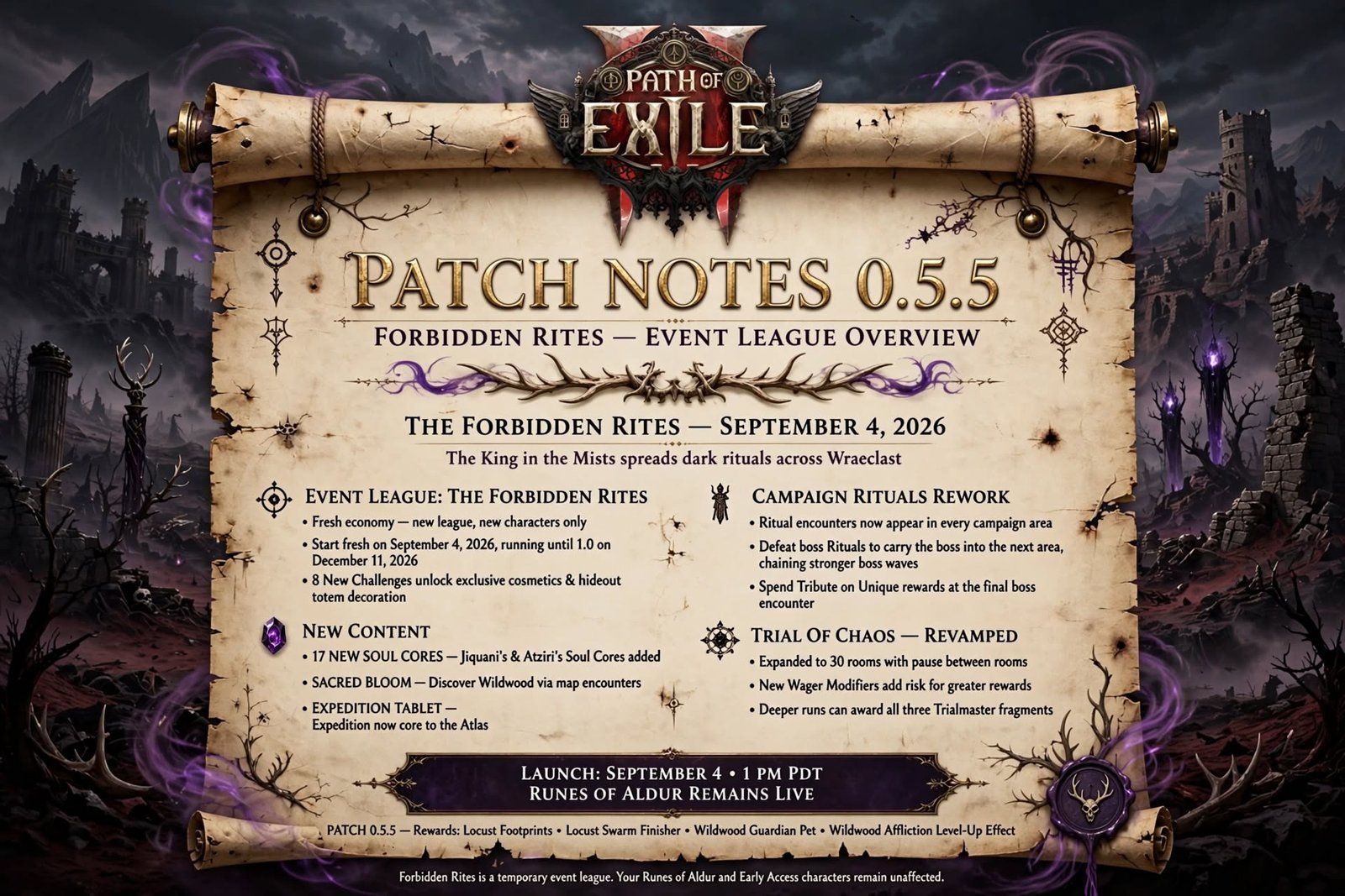Path of Exile 2 patch notes 0.5.5 Forbidden Rites overview graphic."