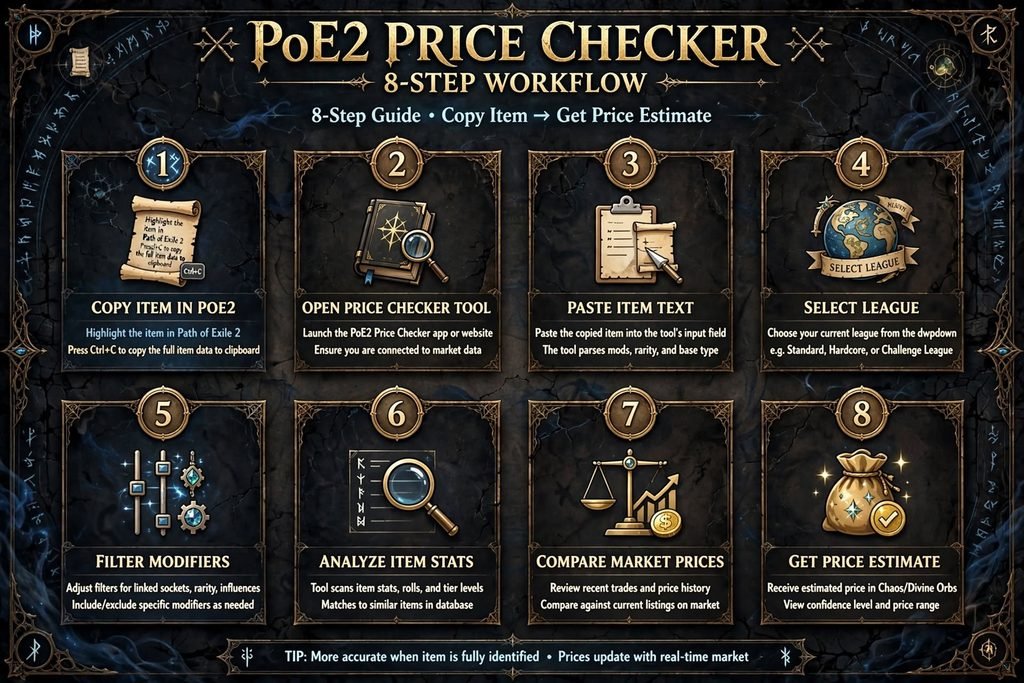 "PoE 2 price checker workflow from item to estimate"