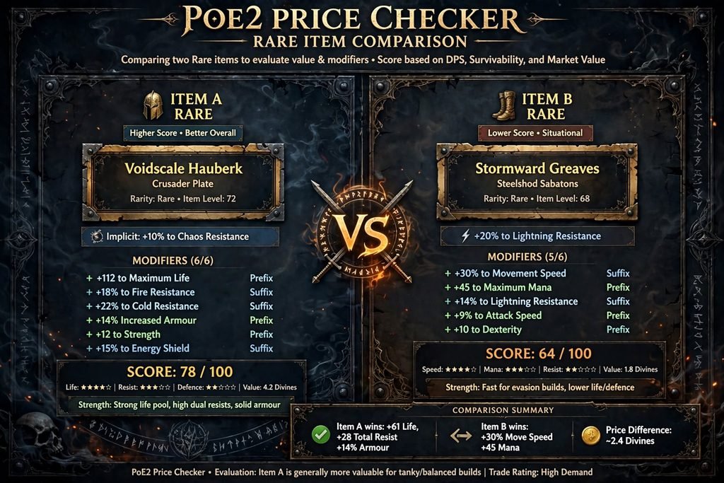 "Comparing rare item modifiers in a PoE 2 price check"