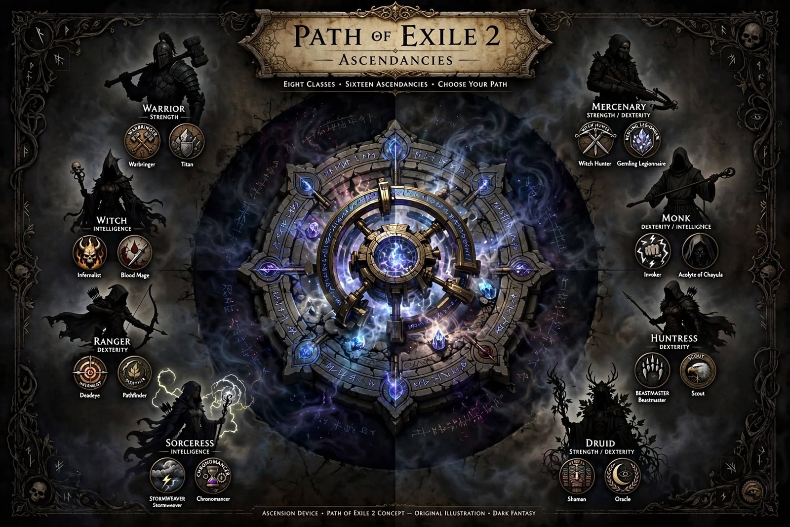Path of Exile 2 eight classes and their sixteen Ascendancy emblems around Ascension Device"