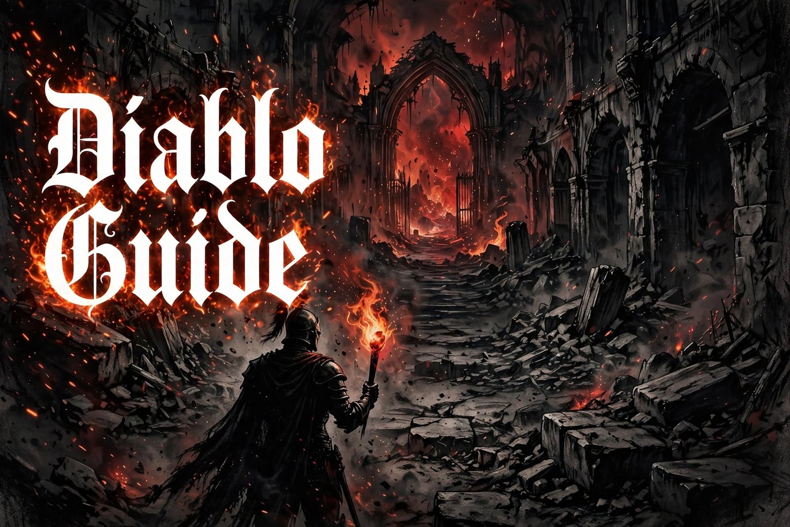 Silhouette of a lone hero with a torch facing a glowing red gate in a dark stone corridor, illustrating a Diablo franchise guide