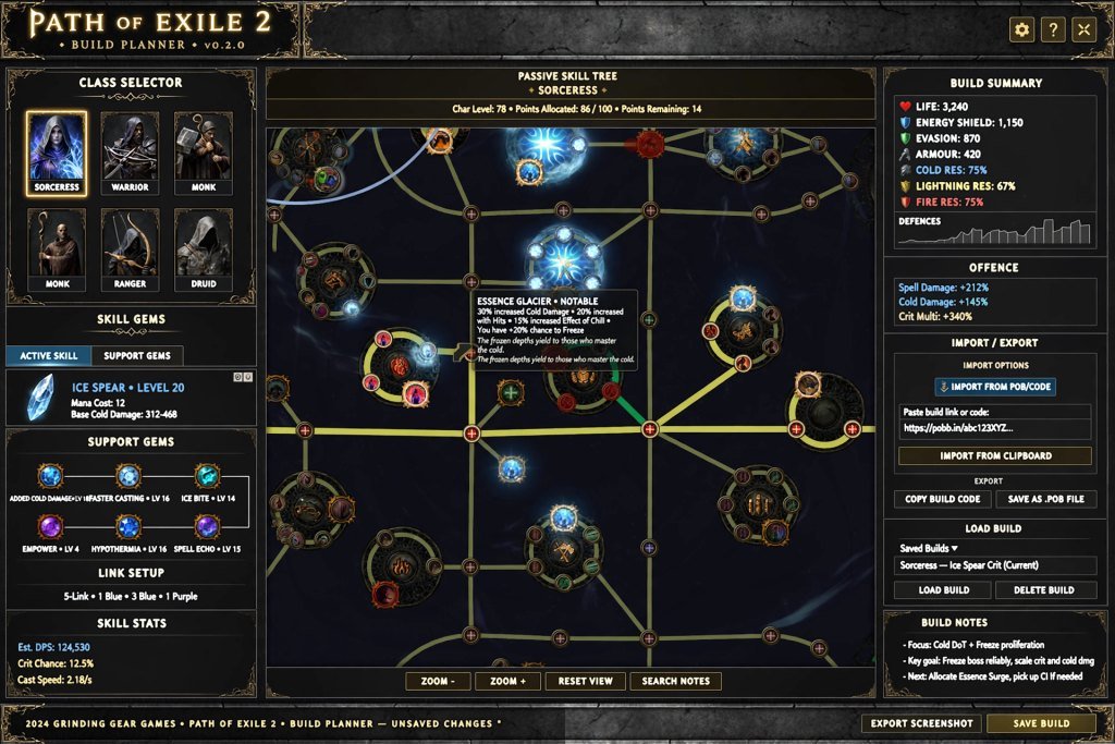Mobalytics PoE 2 build planner showing class selection and build sections