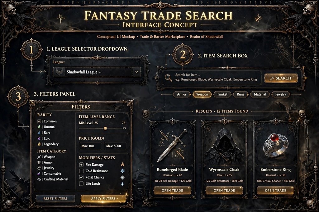 Official Poe 1 trade search page with league selector and search box labelled