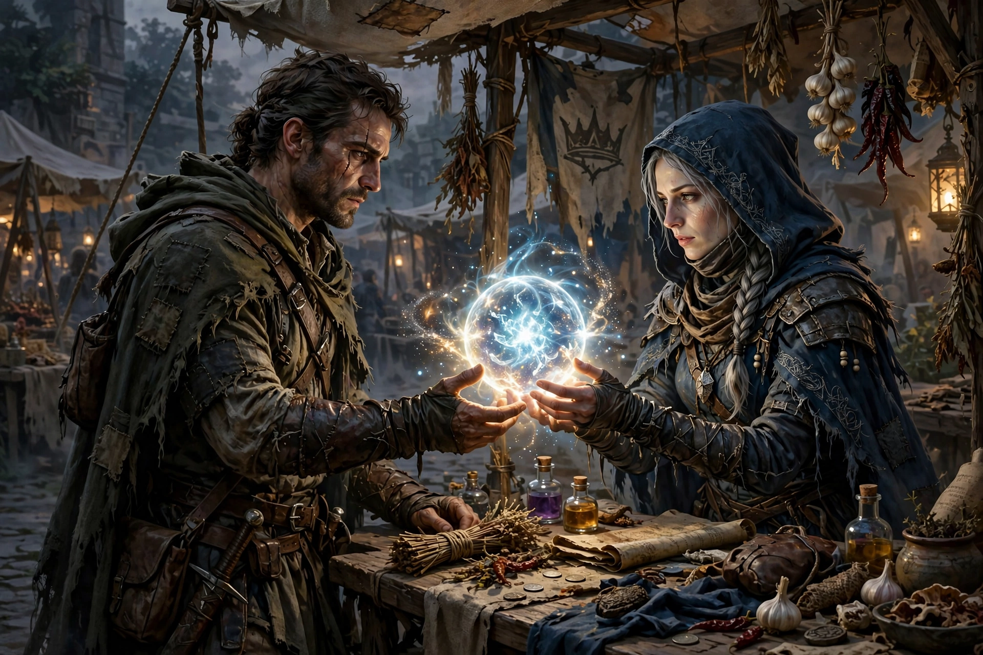 Two fantasy exiles exchanging a glowing orb at a market table