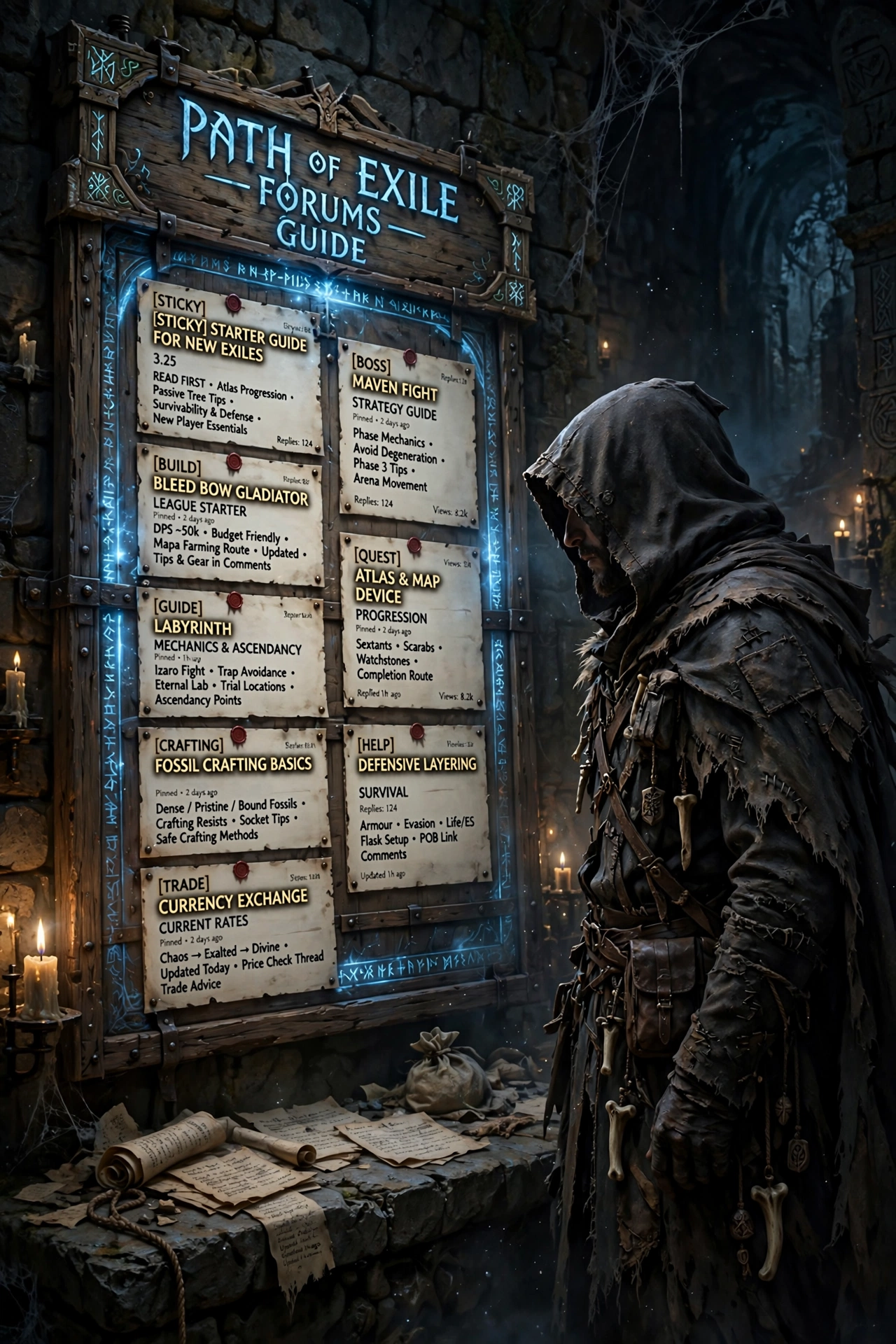 Illustration of an exile reading a board of forum notices