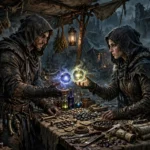 Two fantasy characters exchanging glowing currency orbs at a market stall