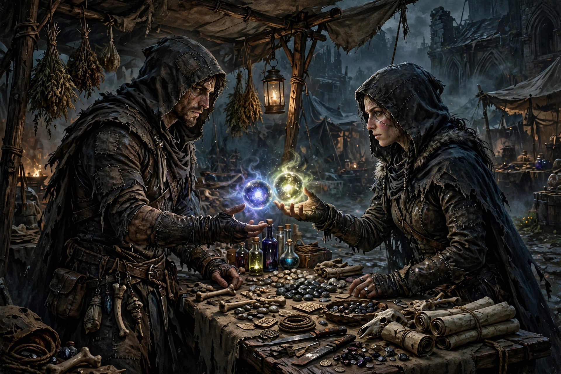 Two fantasy characters exchanging glowing currency orbs at a market stall