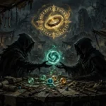 Two fantasy exiles exchanging a glowing orb across a market table