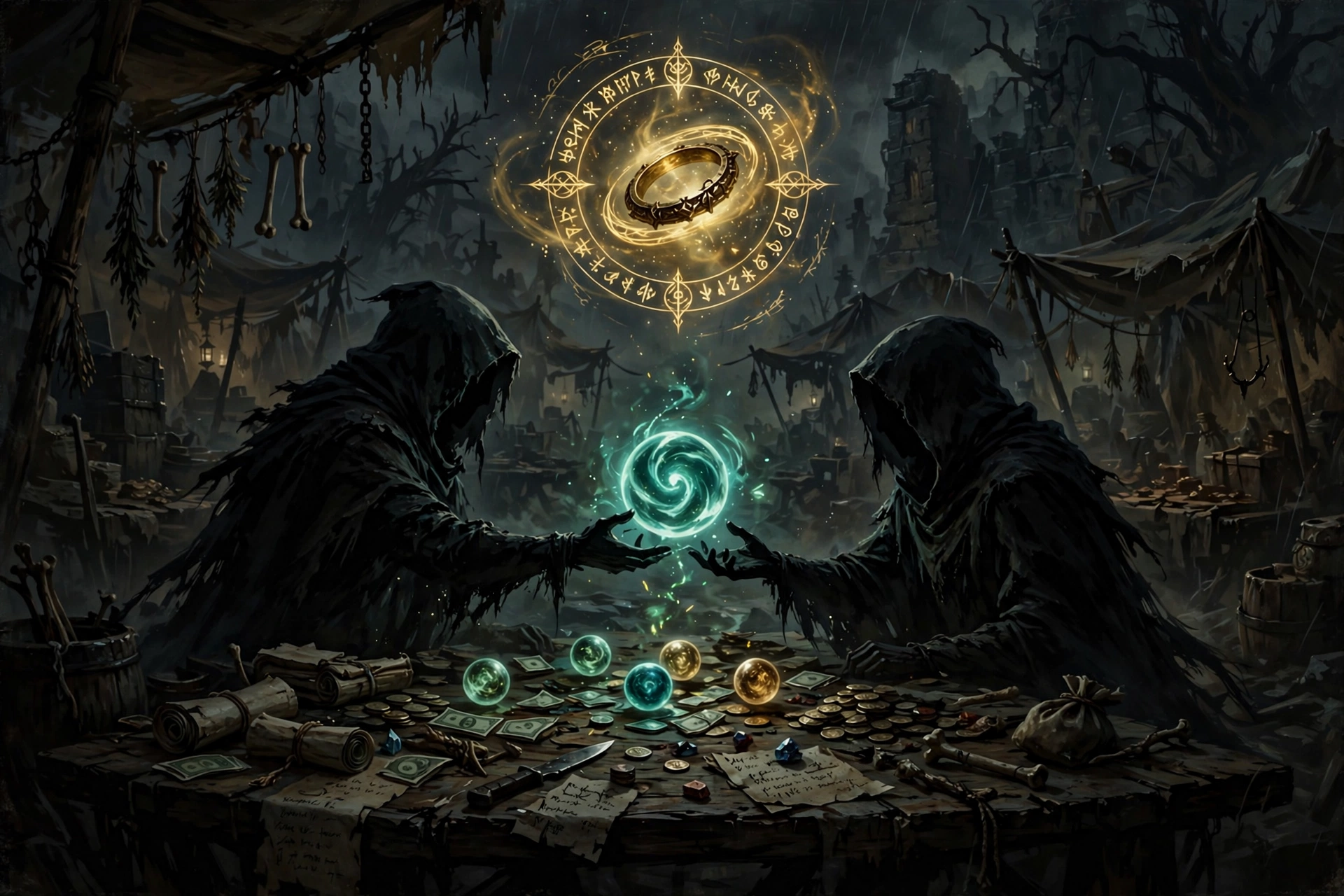 Two fantasy exiles exchanging a glowing orb across a market table