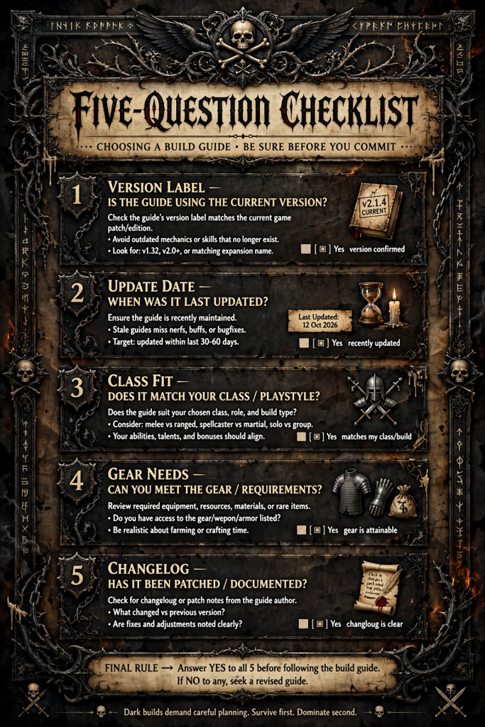 Checklist graphic for judging whether a Path of Exile 2 build guide is current and reliable