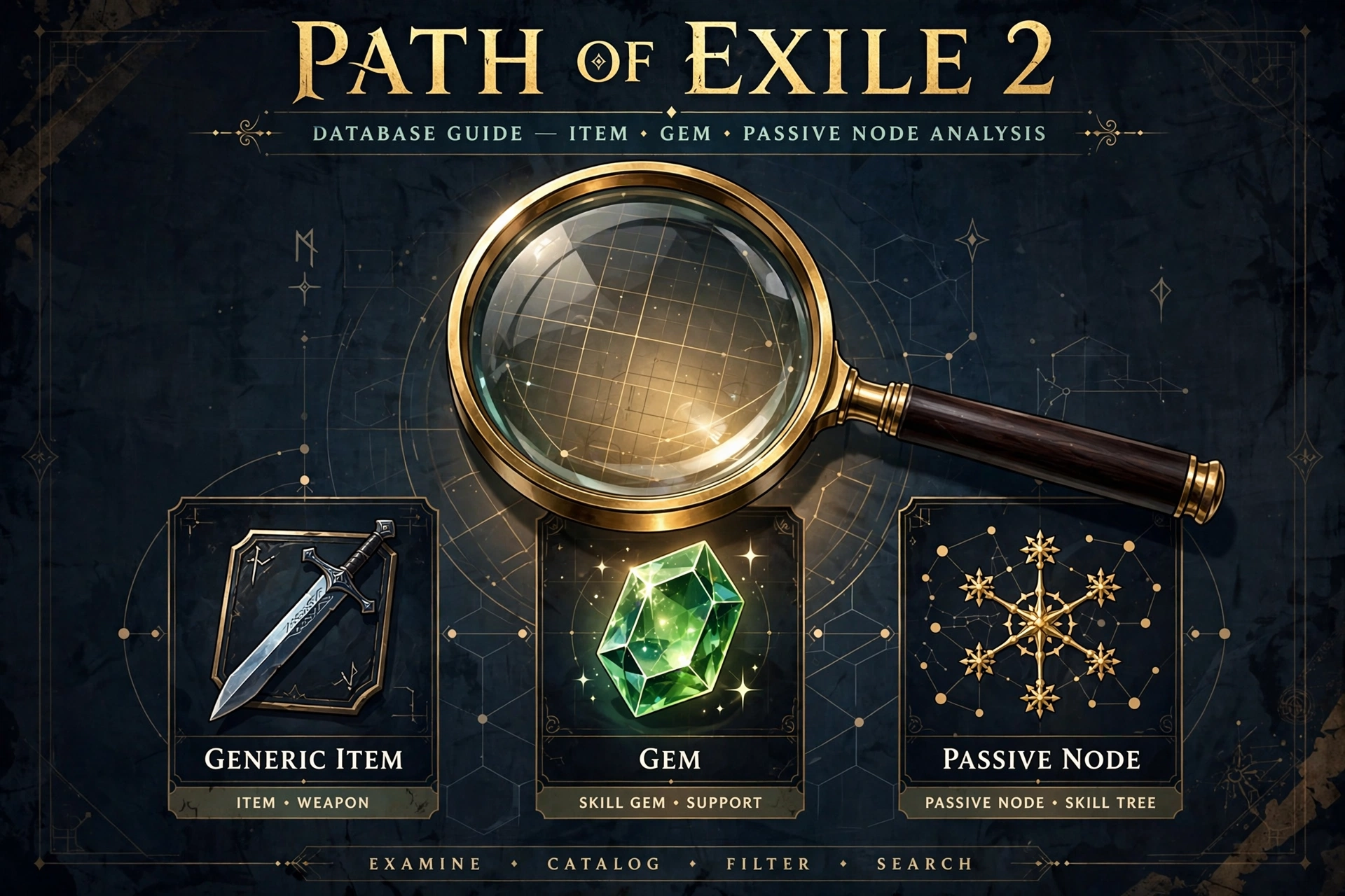 Illustration of a magnifying glass over item, gem and passive skill icons for a PoE2 DB Path of Exile 2 database guide