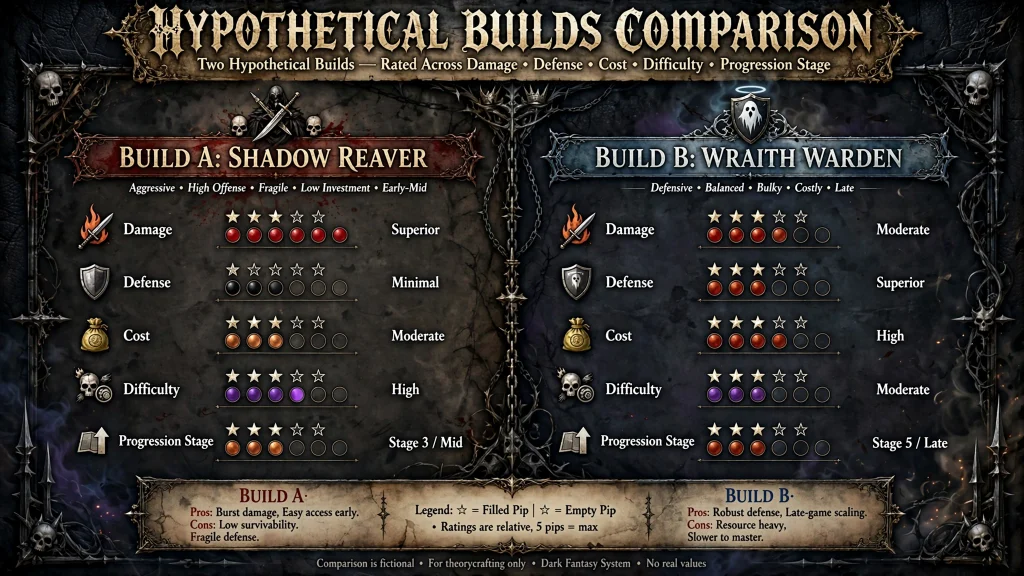 Chart comparing two hypothetical builds on damage, defense, cost, difficulty and progression stage