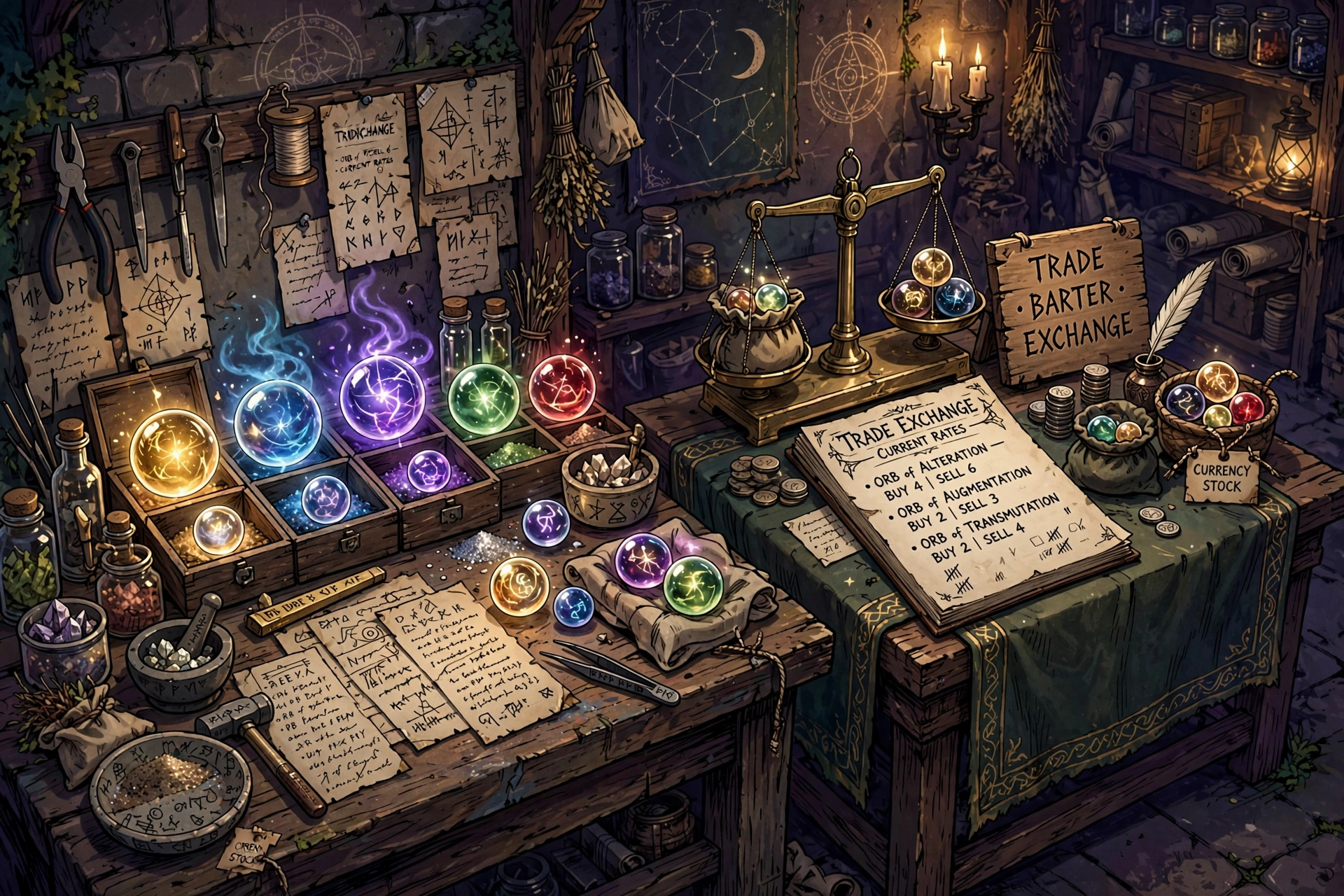 Illustration of glowing poe currency orbs on a crafting table beside a trade exchange
