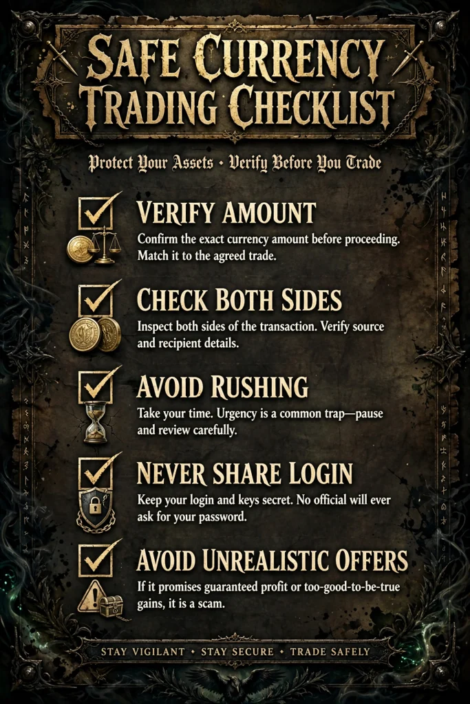 Checklist graphic showing safe currency trading steps