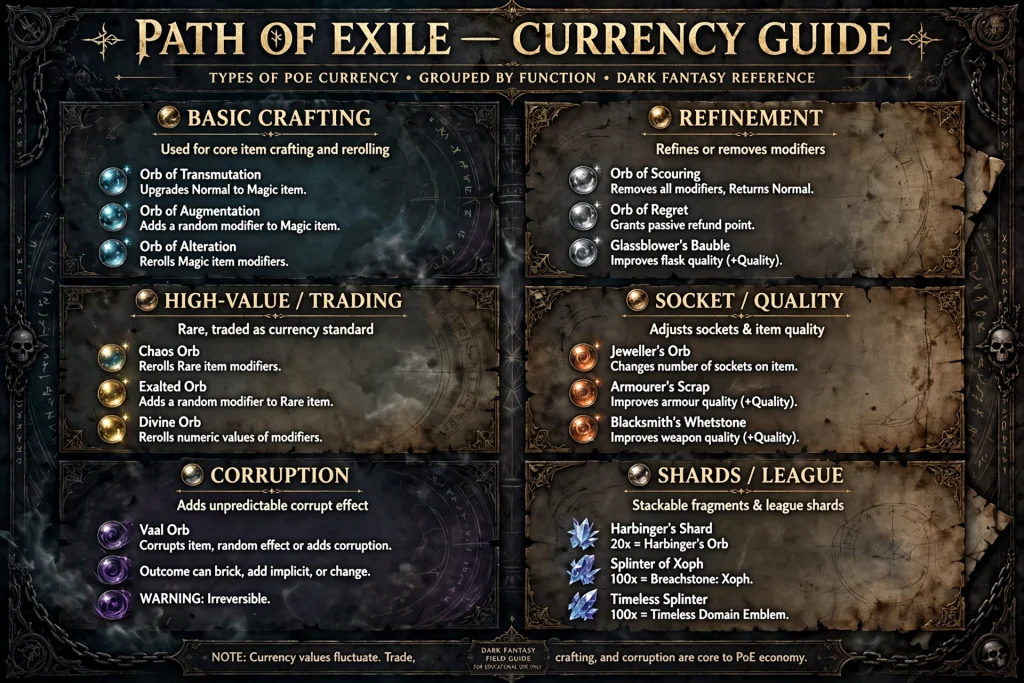 Chart grouping poe currency items into crafting, refinement, trading, socket and corruption categorie