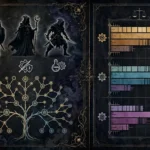Illustration of character silhouettes, gear icons and a passive tree beside a comparison chart