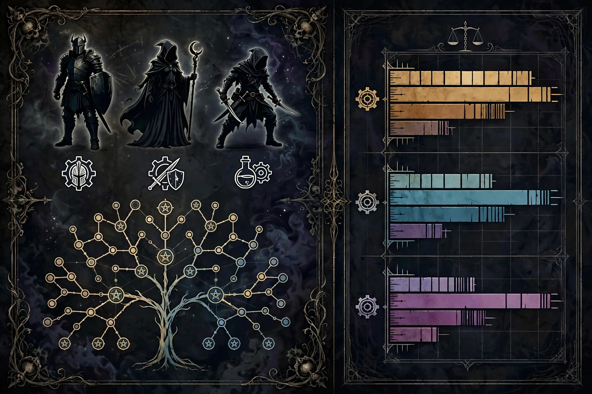 Illustration of character silhouettes, gear icons and a passive tree beside a comparison chart