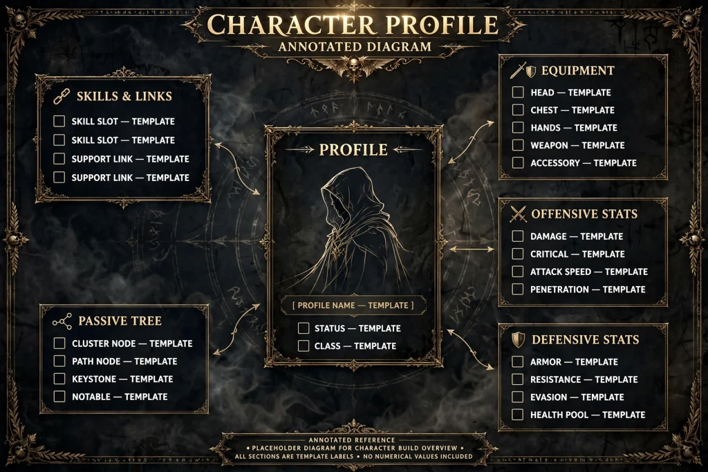 Annotated profile layout pointing to skills, equipment, passive tree, offensive stats and defensive stats