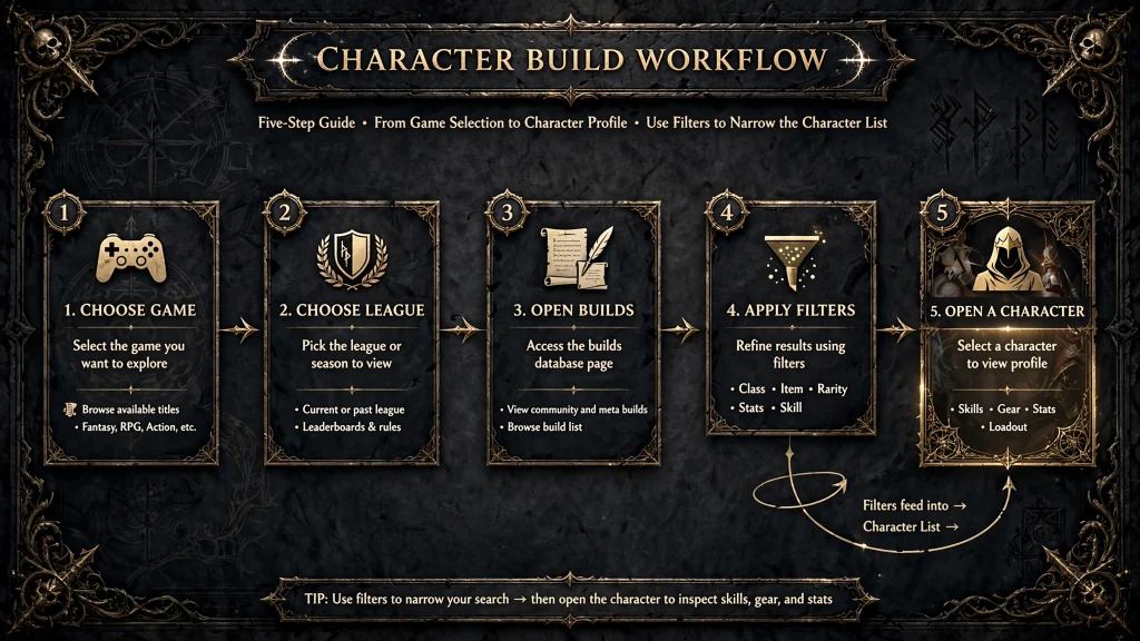 PoE Ninja Builds Five-step diagram showing choosing a game, league, builds page, filters and a character profile