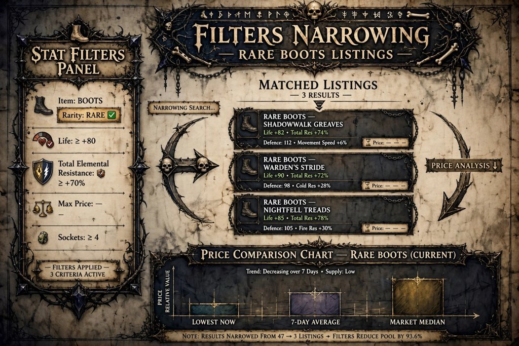 Stat filters set for rare boots with a list of priced search results