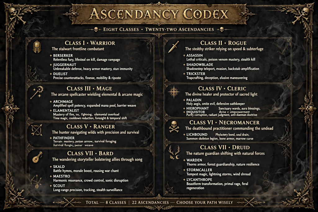 PoE2 Classes chart pairing each Path of Exile 2 class with its available Ascendancies