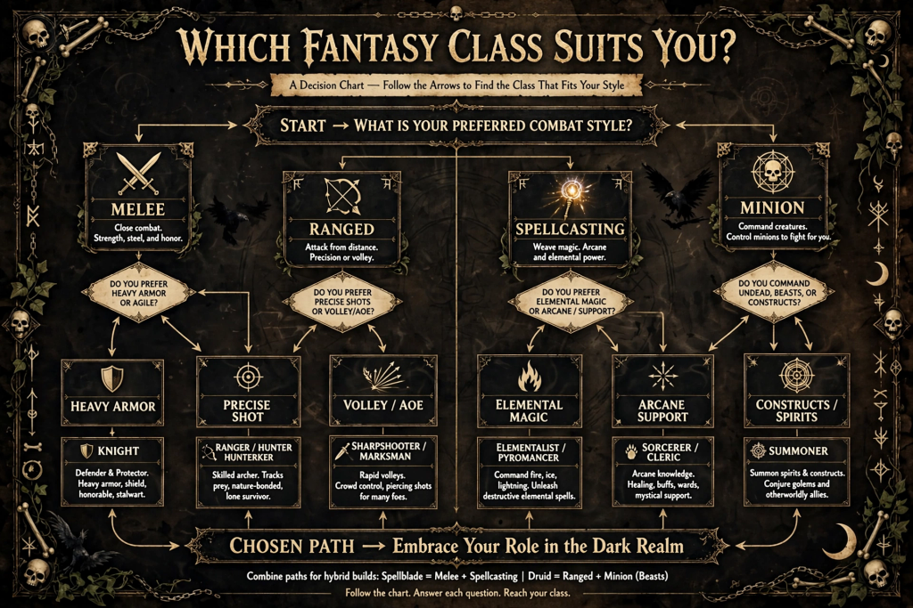 Flowchart matching melee, ranged, spellcasting and minion preferences to suitable classes