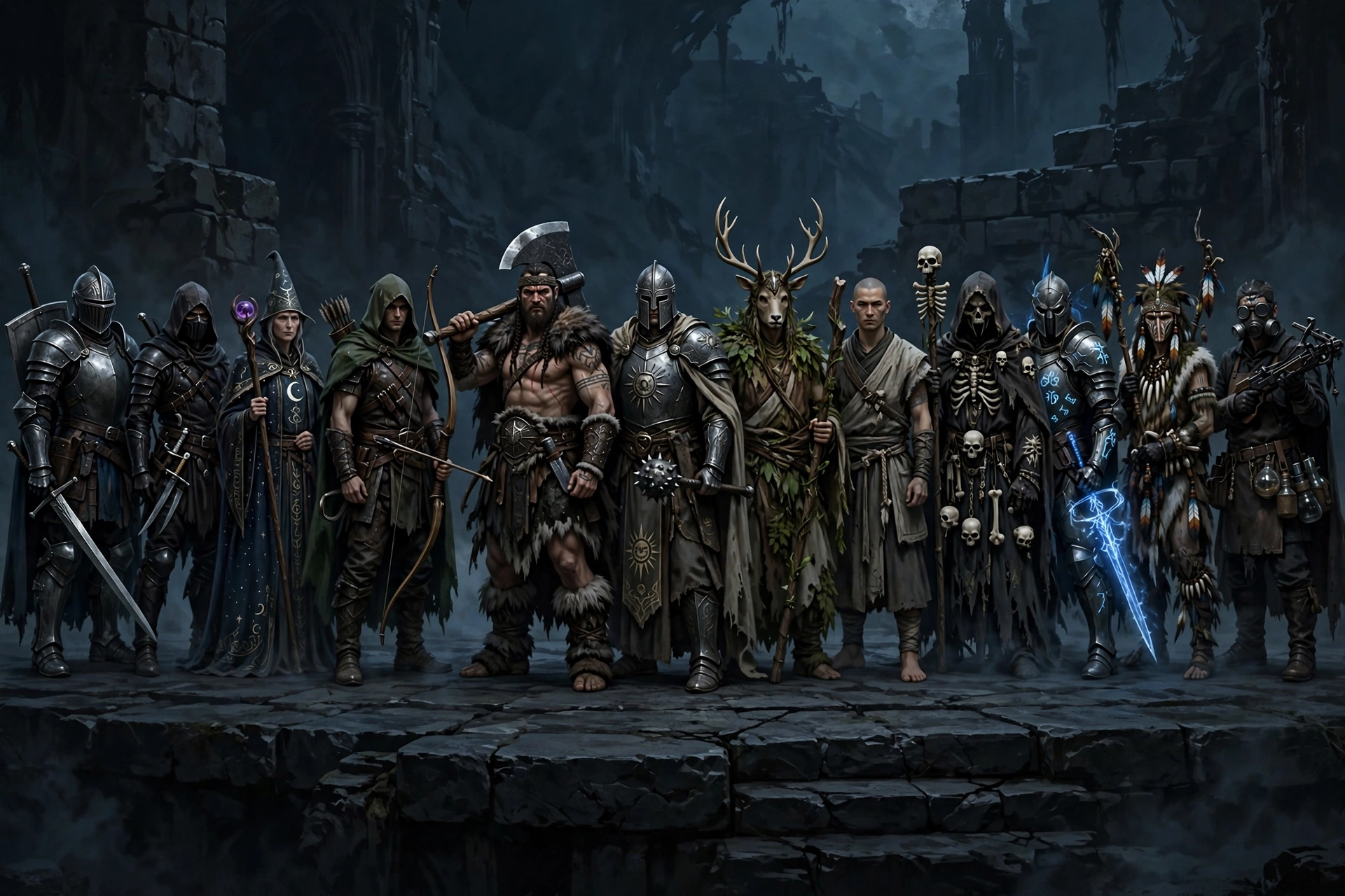 Original illustration of fantasy class archetypes representing playable classes concept