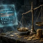 Illustration of an item tooltip beside balance scales and coins representing price checking in a fantasy RPG