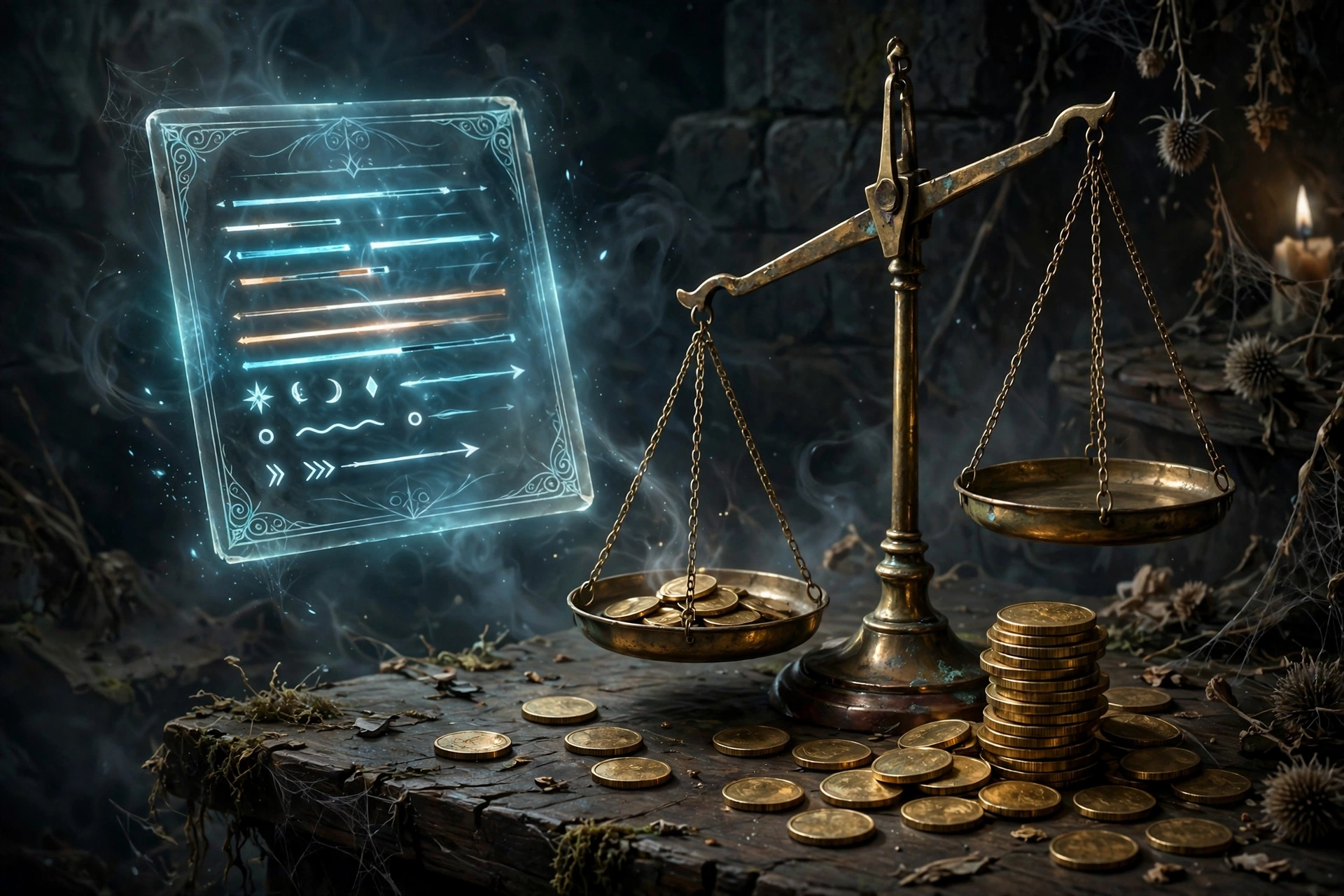 Illustration of an item tooltip beside balance scales and coins representing price checking in a fantasy RPG