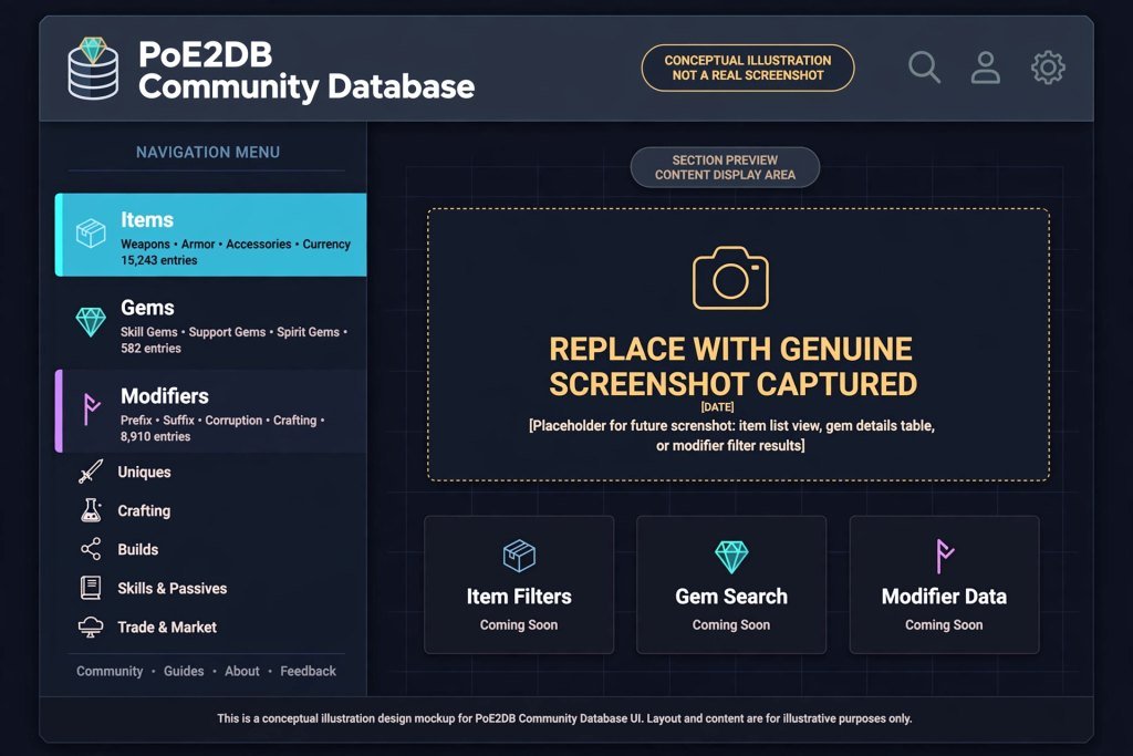 Navigation menu of the PoE2DB community database showing item, gem and modifier sections
