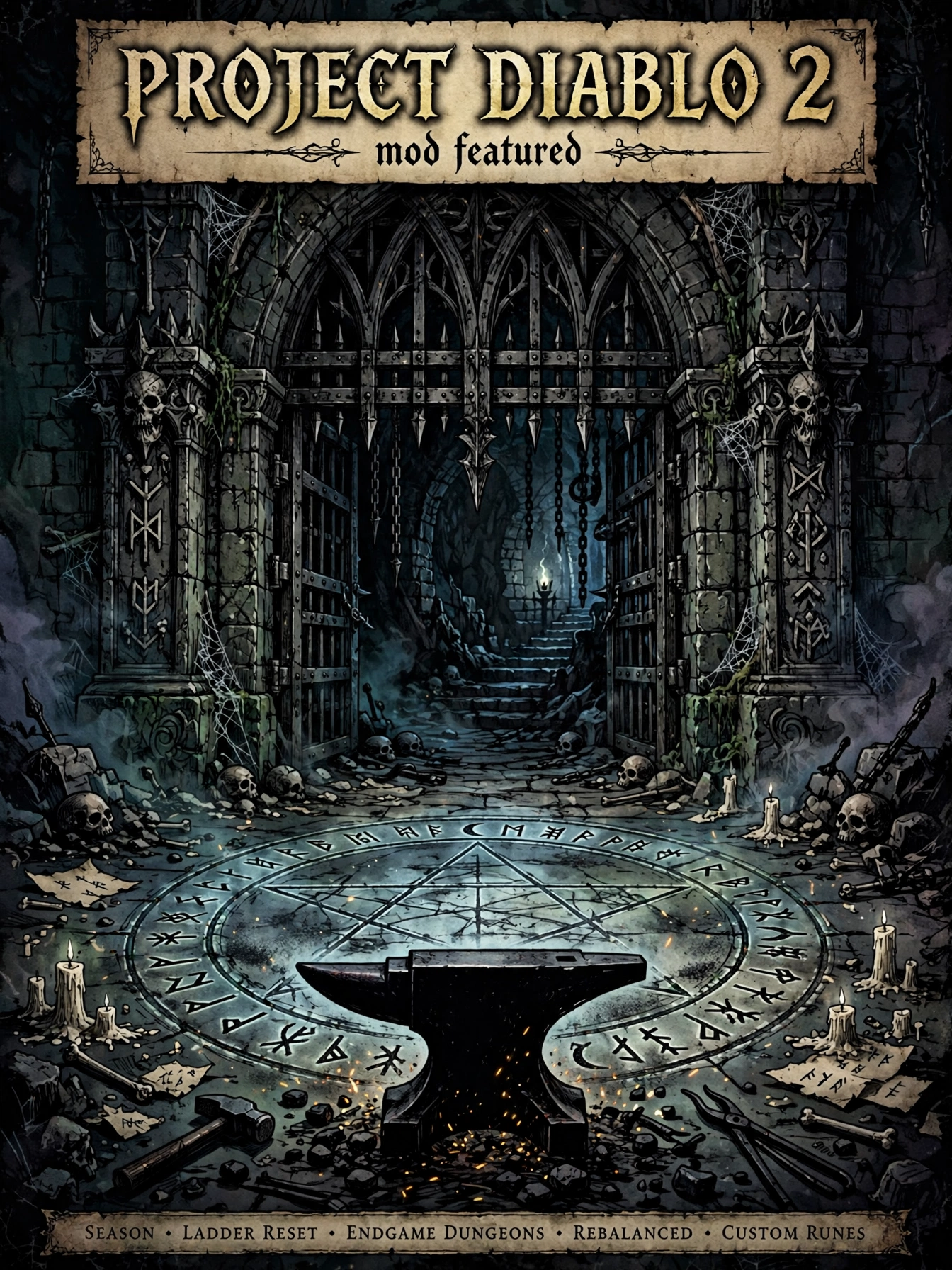 Original illustration of a gothic dungeon gate and glowing runes representing the Project Diablo 2 mod