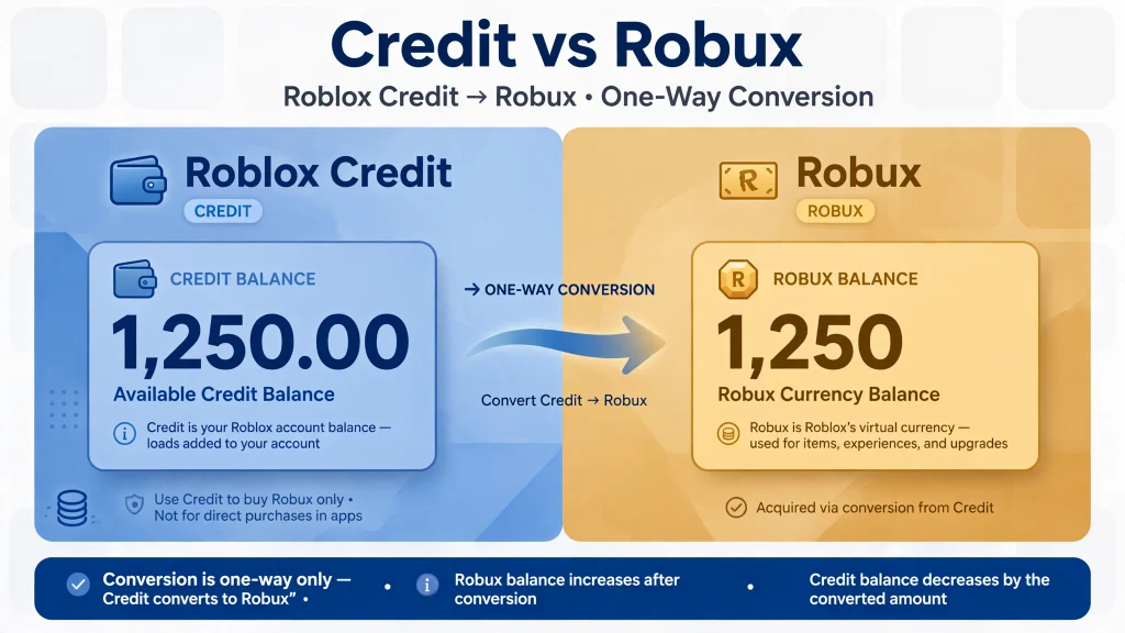 Roblox Gift Card Redeem comparison of Roblox Credit and Robux balances