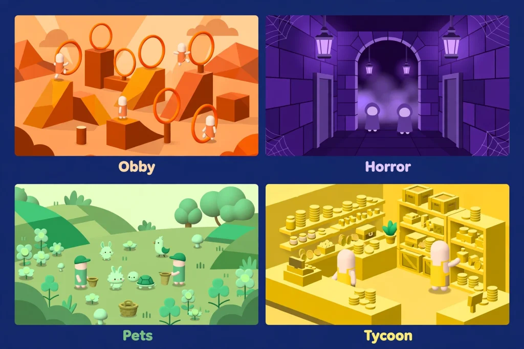 Original blocky scenes showing Roblox experience genres: obstacle course, horror hallway, pet world, tycoon shop