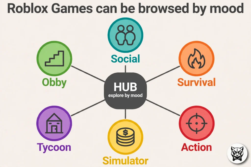 Genre map showing six categories of Roblox Games: social, survival, action, simulator, tycoon and obby