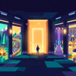 Illustration of a hallway of doorways leading to different block-style game worlds, representing the variety of Roblox Games