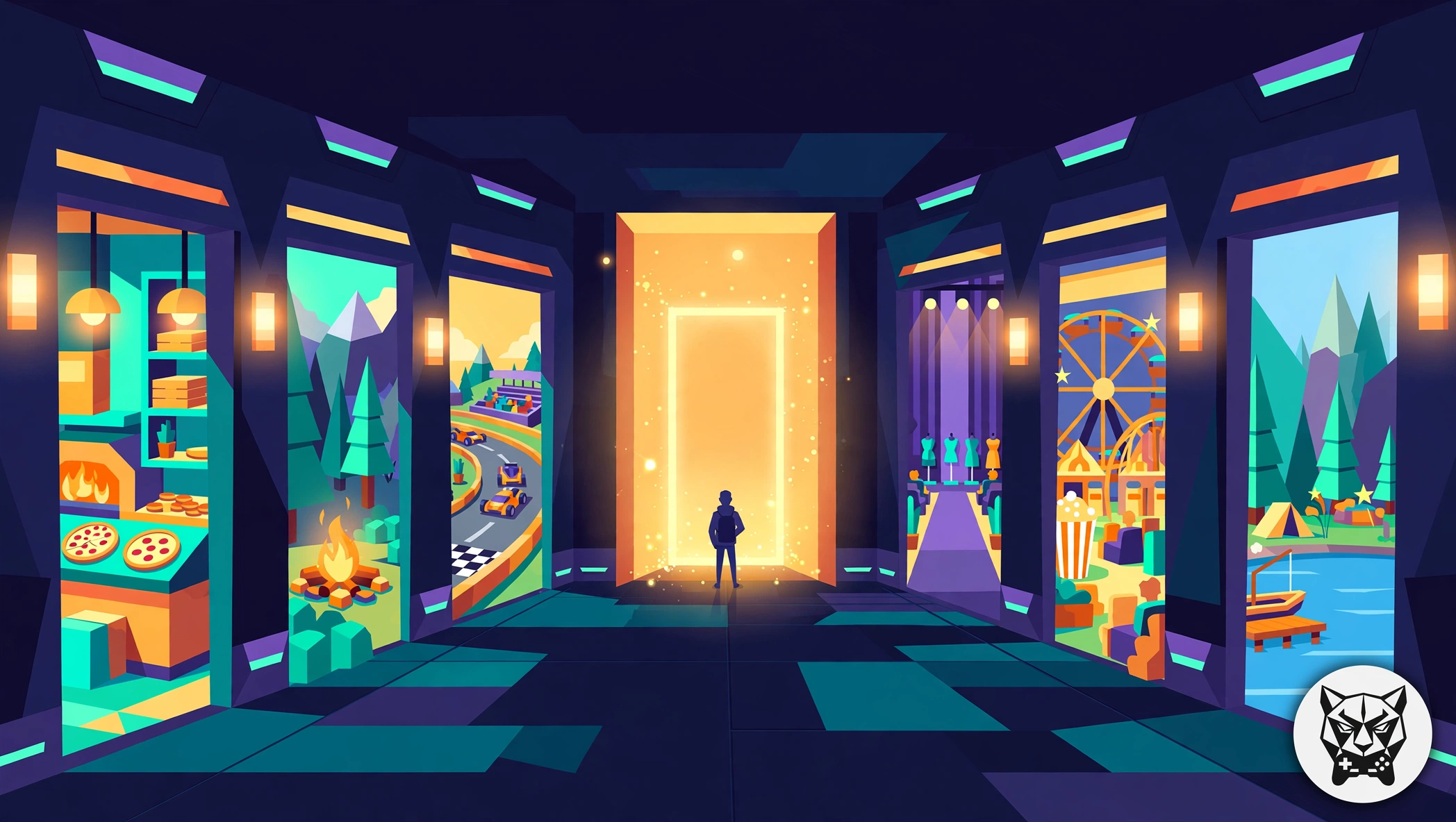 Illustration of a hallway of doorways leading to different block-style game worlds, representing the variety of Roblox Games